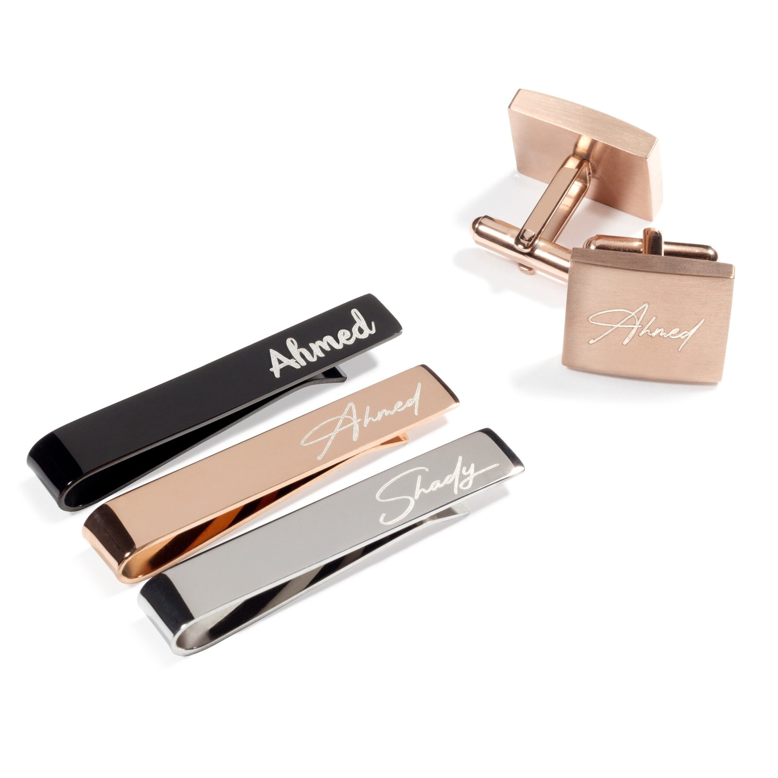 Tie Bar Set + Cufflinks Rose Gold Laser Engraving GO Stylish